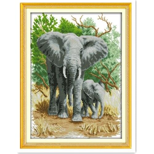 Pastoral handmade needlework embroidery, elephant Mother and child Animal Series Cross stitch diy sewing painting