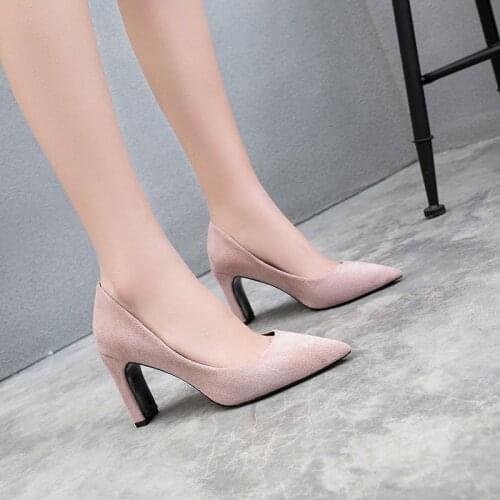 Womens High Heels Shoes 2021 Female Pumps Pointed-Toe Slip-On Flock Thick Heel Working Party Black Shoes Size 43