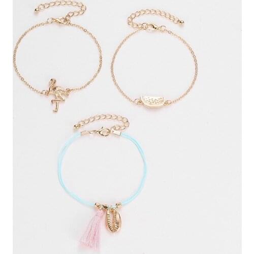 Golden Hollow Shell Watermelon Flamingo Alloy Metallic Chain Blue Rope Pink Tassel Women Bracelets 3pcs/set