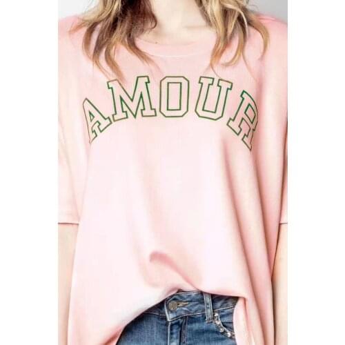 2021SS New Pink Oversized T-shirt Round Neck Front Letters Print Drop Shoulder Short Sleeves Fashion Tops Tee