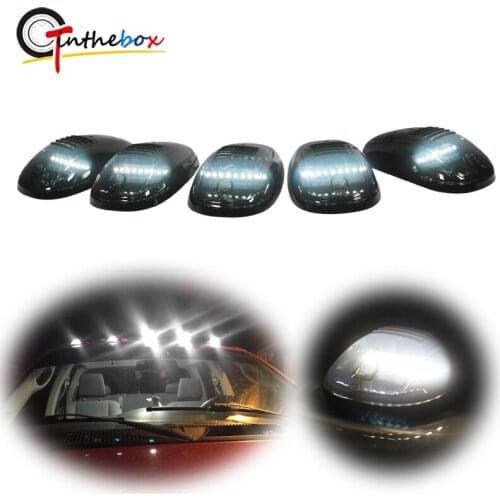 Gtinthebox 5pcs Smoked Lens Cab Roof Clearance Marker Lamps w/Xenon White Full Strip LED Lights For Chevy Dodge Ford GMC Trucks