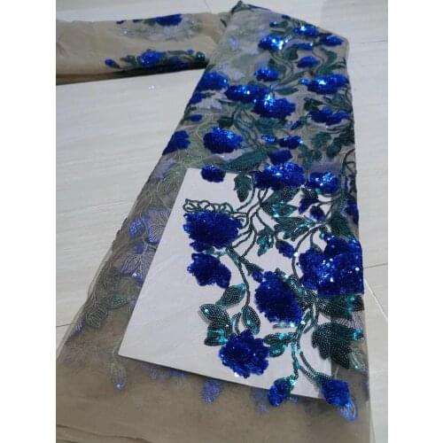 5yards/pc) high quality African sequins French net lace fabric with royal blue flowers embroidery for party dress FZZ736