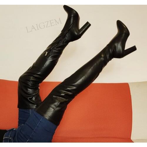 BERZIMER Black Women Thigh High Boots Elastic Thick Block High Heels Over Knee High Boots Side Zip Shoes Woman Big Size 43 44 47