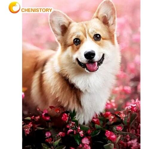 CHENISTORY Cute Dog In Flower Animal Paint By Numbers For Adults Children HandPainted Unique Gift 40x50cm Frame Home Wall Craft