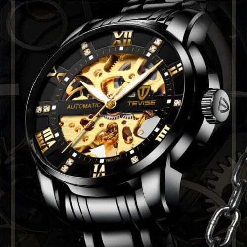 TEVISE Black Steel Watch Men Skeleton Automatic Mechanical Watches Fashion Man Clock Mens Top Brand Luxury erkek kol saati