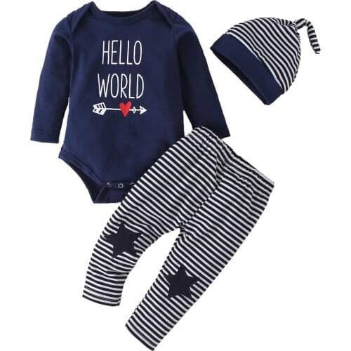 Cartoon Long Sleeve Baby Rompers Newborn Pants Kids Hats 3pcs Baby Boy Clothes Outfits Set