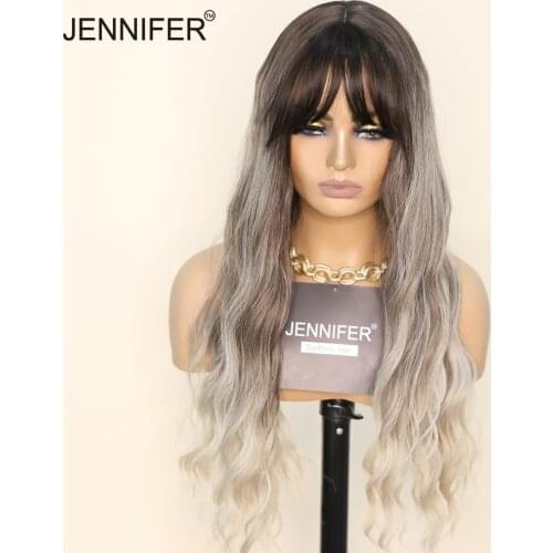 Long Wavy with bangs Synthetic Wigs Milk tea gradient/Coral Orange gradient Wigs for Women High Temperature Fiber Full Mechanism