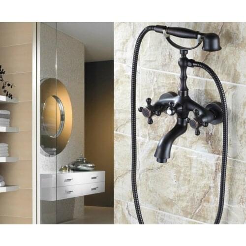Oil Rubbed Bronze Dual Cross Handles Rain Bathroom Shower Tub Faucet Set + Telephone Style Hand Shower atf042
