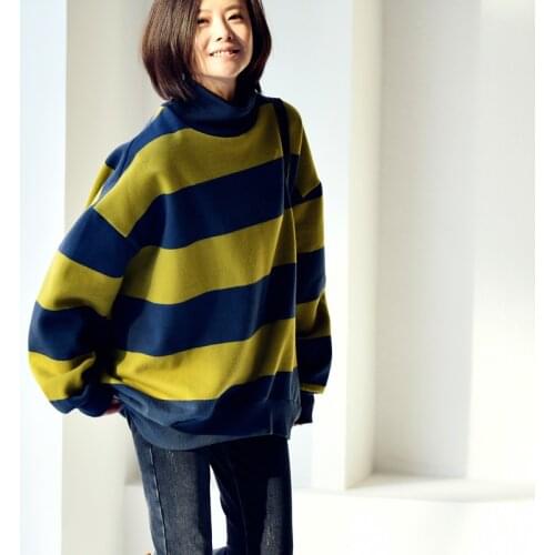 MICOCO R5399C The Korean version loose Chromatic stripe High collar Add fluff fleece Autumn and winter