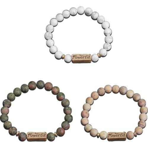 Powerful Love Carved Letters Stone Bracelet Men Women 8mm Howlite Natural Stone Beads Bracelet For Friends Lovers