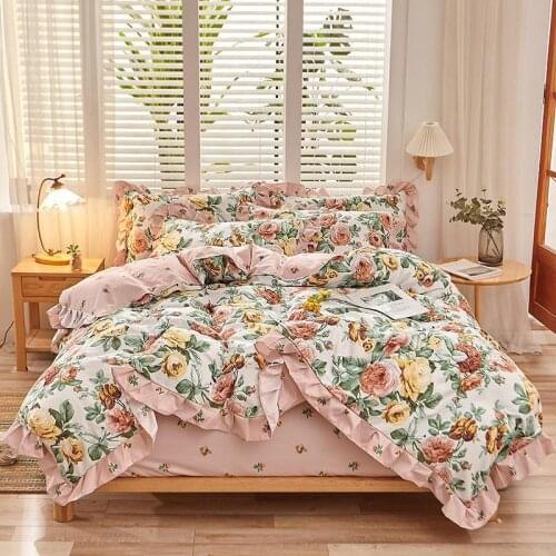 Peony Floral Ruffles Girls Duvet Cover Set Cotton Brushed Shabby Chic Blossom Soft Bedding set Fitted sheet Pillowcase 3/4Pcs