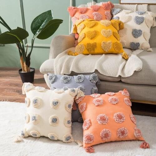Beige Yellow Orange Gray Cushion Cover Cotton Tufted PillowCover Wave Red Heart Waist Pillowcase 45x45cm Tassel Square Pillows