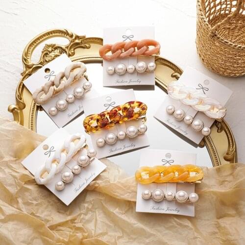 2020 New Vintage Acetic Acid Acrylic Resin Chain Pearl Barrettes Hair Clips For Women Fashion Hair Accessories Hairpins