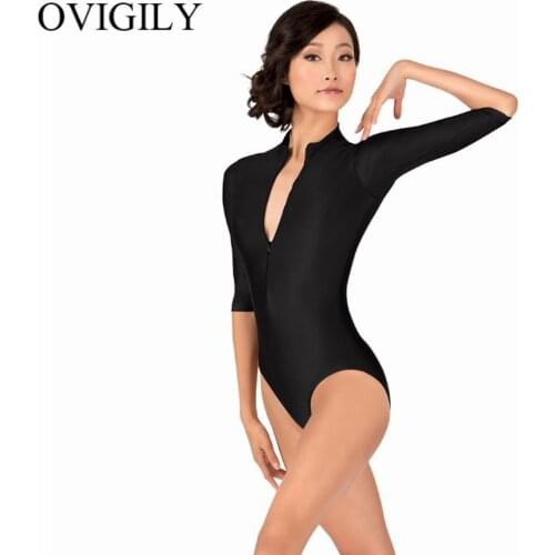 OVIGILY Adults 3/4 Sleeve Front Zipper Leotards for Gymnastics Womens Mock Neck Ballet Dance Leotard Turtleneck Bodysuits