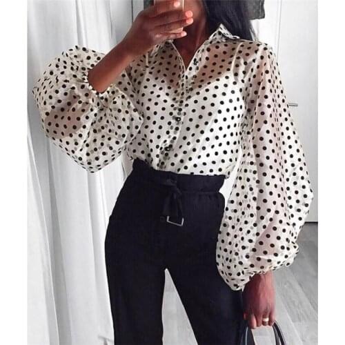 See-through Lace Mesh Sheer Blouses Women Long Lantern Sleeve Polka Dot Shirts Fashion Lady Turn-down Collar Transparent Shirts