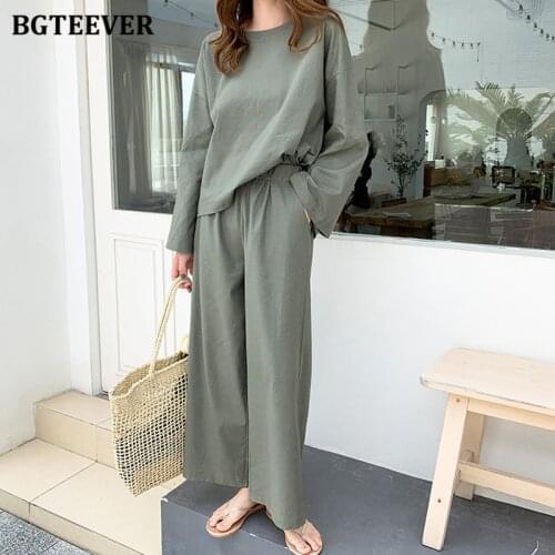 BGTEEVER Casual Loose Cotton Linen Tracksuits Women O-neck Tops & Wide Leg Pants Summer Ladies 2 Pieces Set Female Trouser Set