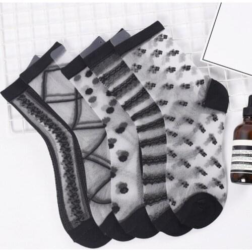 Korean Fashion Crystal Silk Socks Women Sexy Lace Black Fishnet Mesh Short Socks Harajuku Summer Ultra-thin Breathable Crew Sock