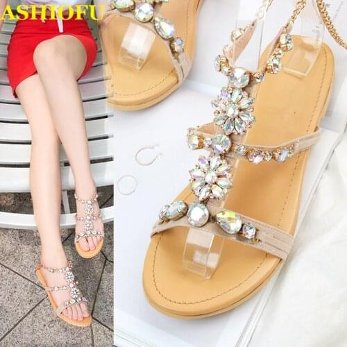 ASHIOFU New Hot Sale Handmade Ladies Flat Sandals Crystals Beach School Summer Shoes Casual Daily Wear Fashion Sandals Shoes