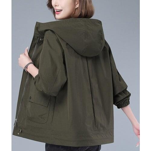 2021 Spring Autumn New Plus Size Tooling Trench Coat Women Loose Overcoat Solid Color Casual Hooded Windbreaker Outerwear aq144