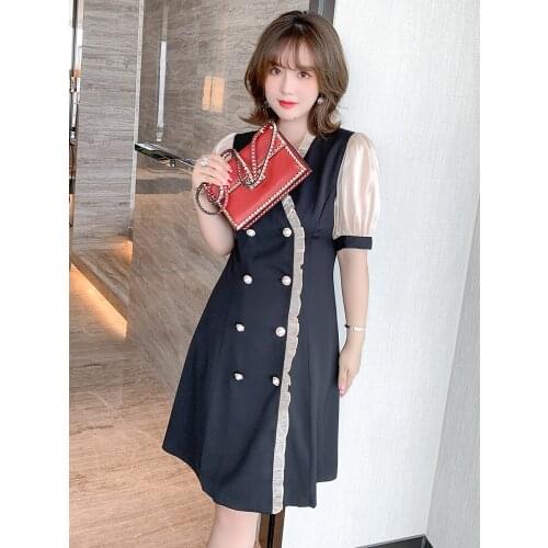 High quality Fold the inner V - neck stitching burnish feels hubble-bubble sleeve double-breasted women new summer dress