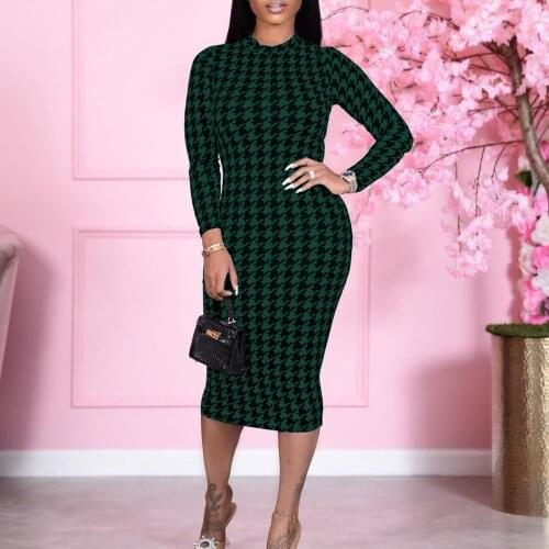 New Women Casual Style Dress Adult Houndstooth Print Long Sleeve Round Neck High Waist Fashionable And Comfortable