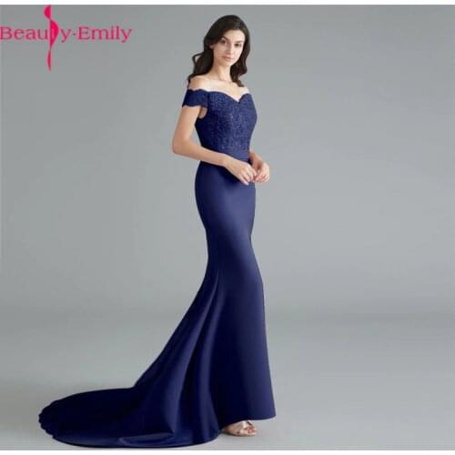 Beauty Emily Lace Navy Blue Evening Dress 2020 Sequined Long Zipper Back Formal Party Prom Dress Floor-length robe de soiree