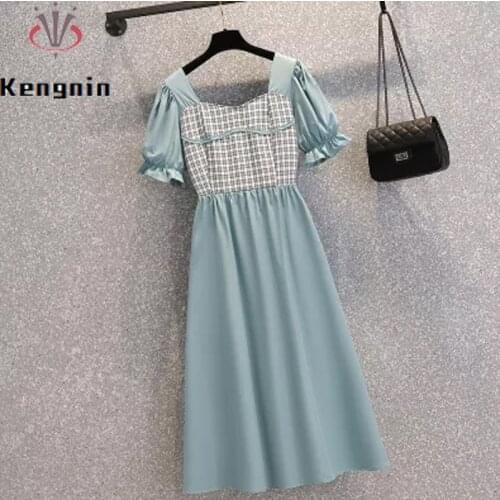 New 2021 Summer Dress Women Oversized Loose Vintage Fashion Office Ladies Work Vestidos Patchwork Plaid Puff Sleeve Robe KE1243