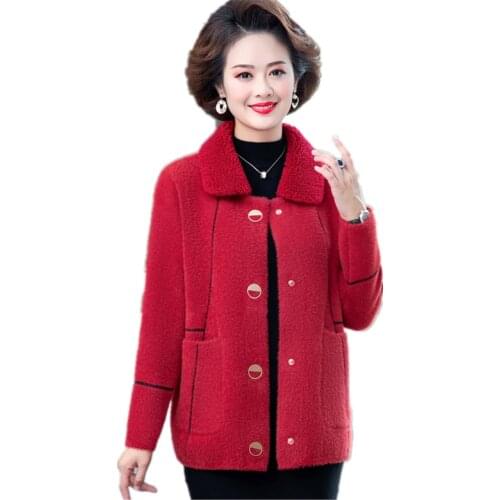 Winter Middle Aged Women Faux Mink Cashmere Comfortable Sweater Cardigans Outwear Lady Warm knit Soft Tops Coat