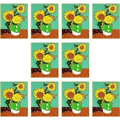 10pcs/lot Cartoon Golden Van Gogh Oil Painting Sun Flowers Enamel Brooch Custom Alloy Badge Coat Bag Wish Pin Punk Jewelry Gift