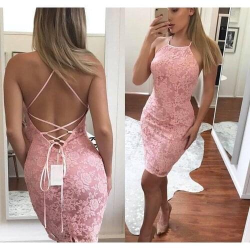 2020 Cheap Pink Sheath Mini Short Cocktail Dress Hater Lace Criss Cross Backless Semi Club Wear Homecoming Party Gown Plus Size