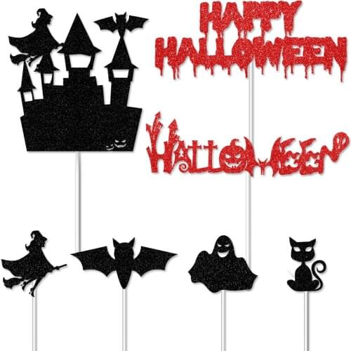 2021 Happy Halloween Cake Topper Witch Bat Plugin Cake Insert Card Halloween Party Cake Decorations