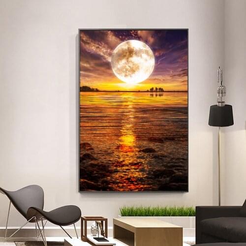 Modern Landscape Prints Canvas Painting Seaside at night Moon Abstract Posters Wall Art Pictures for Living Room Home Wall Decor