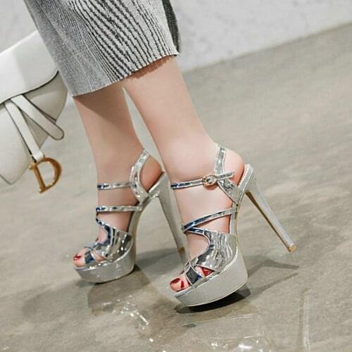 Gold Silver Platform Thin High Heel Women Sandals Fashion Buckle Open Toe Women Shoes PU Leather Party Shoes Big Size 43