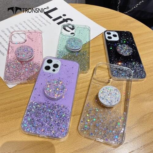 Glitter Holder Phone Case for iPhone 12 11 Pro Max XR Xs MAX Soft Foldable Stand Purple Clear Case for iPhone 7 8 Plus Cover Hot