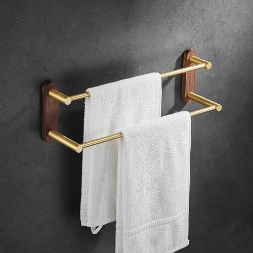 Towel Holder Punch-Free Bathroom Accessories Storage Shower Rack Gold Walnut Aluminum Organizer Hanger Wall-Mounted Towel Bar