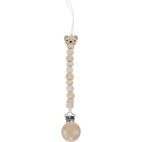 Baby Dummy Chain Wood Pacifier Clip Bear Head Bead Dummy Clip Infant Teether Toy BX0D