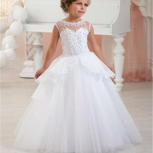 Elegant Flower Girl Dresses for Wedding Lace Applique Sleeveless White/Ivory Lace First Communion Dresses For Girls