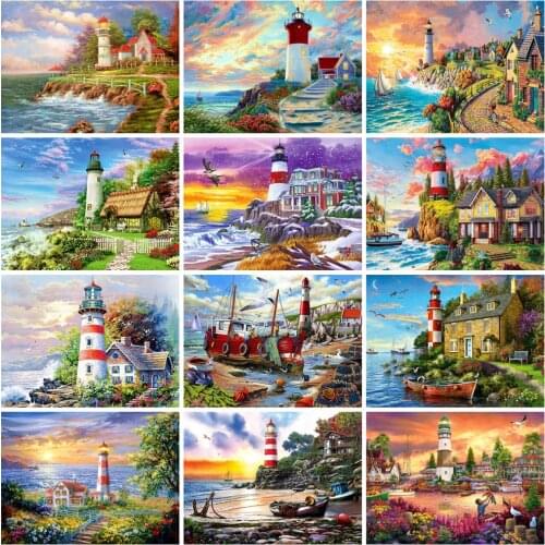 EverShine Diamond Painting Lighthouse Cross Stitch Diamond Embroidery Seaside Picture Rhinestones House Mosaic Art Home Decor