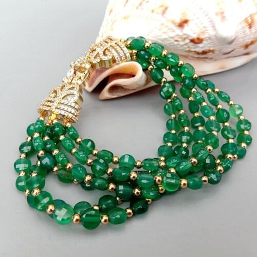 KKGEM 8.5" Cubic Zirconia Pave Clasp luxury style for women 6 Strands Faceted Coin Green Agate Bracelet Gold color cz pave clasp