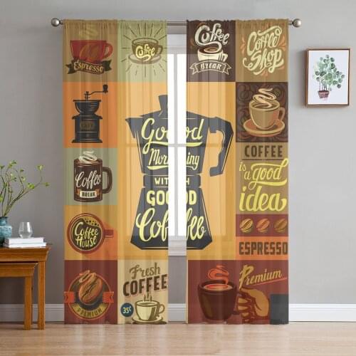 Coffee Poster Decals Black Window Tulle Curtains for Living Room Bedroom Hotel Luxury Decoration Sheer Curtains