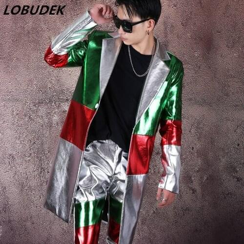 Tide Male Singer Nightclub Concert Punk Style Suit Green Silver Faux Leather Long Blazers Pants 2 Pieces PU Leather Coat Suits