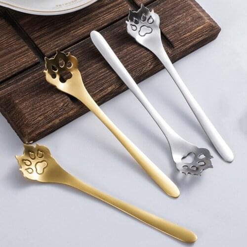 Stainless Steel Ice Cream Tea Coffee Spoon Cartoon Style Cute Creative Cat Dog Claw Stirring Spoon Hollow
