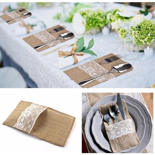 10PC Fashion Rustic Vintage Wedding Lace Tableware Pouch Fork Knife Holder Pocket Jute Burlap Wedding Party DIY Table Decoration