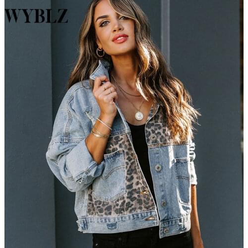 Women Fashion Contrast Leopard Jean Jackets Elegant Turn-down Collar Metal Buttoned Cardigan Tops Casual Long Sleeve Denim Coats