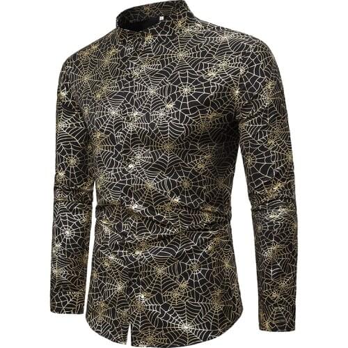 Gold Spider Web Bronzing Mandarin Collar Shirt Men 2020 Brand Long Sleeve Mens Dress Shirts Evening Party Prom Halloween Costume