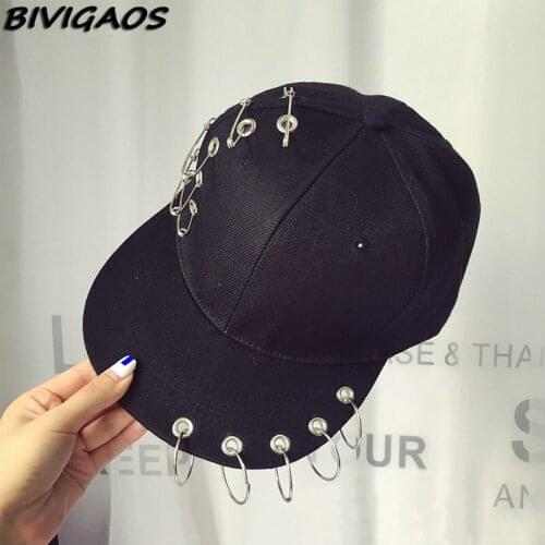 New Harajuku Tide Fahsion Pin Iron Ring Hip Hop Cap Rivet Snapback Baseball Caps Punk Rock Style Black Hiphop Hats For Women Men