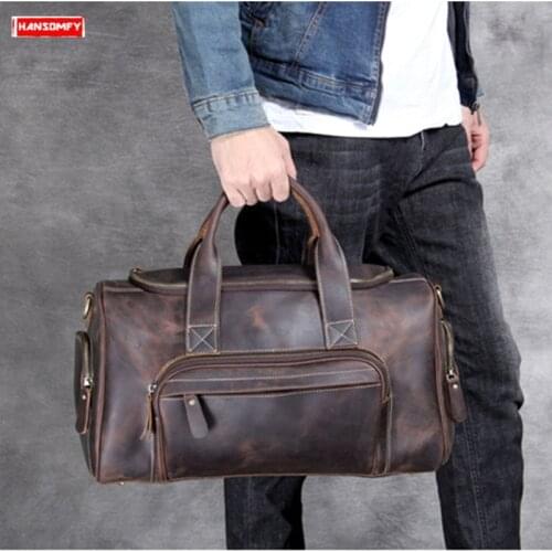 Men Handbags Shoulder Luggage Bag Crossbody Bags First Layer Cowhide New Retro Large Capacity Travel Crazy Horse Leather Male