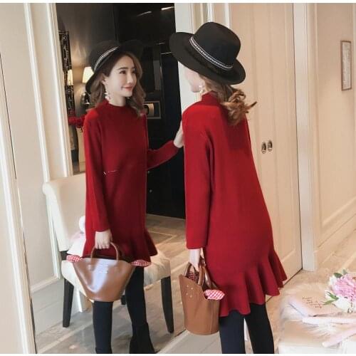 Ruffle Knitted Dresses Maternity Autumn Winter Casual Slim Bottoming Dresses Pregnancy Sweater For Pregnant Women Mother Wear