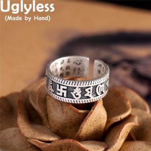 Uglyless Solid 990 Full Silver 6 Words Mantra Rings for Women Heart Sutra Buddhism Jewelry Swastika Buddhists Thai Silver Rings