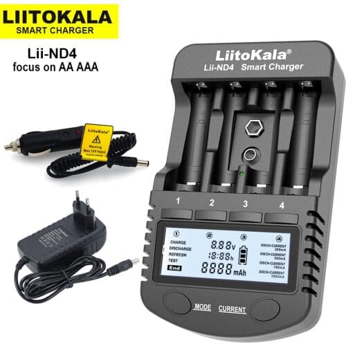 LiitoKala Lii-ND4 Lii-NL4 Smart Battery Charger for 8.4 V Li-ion 9V/1.2V Ni-MH Ni-Cd AA AAA Batteries and test battery capicity